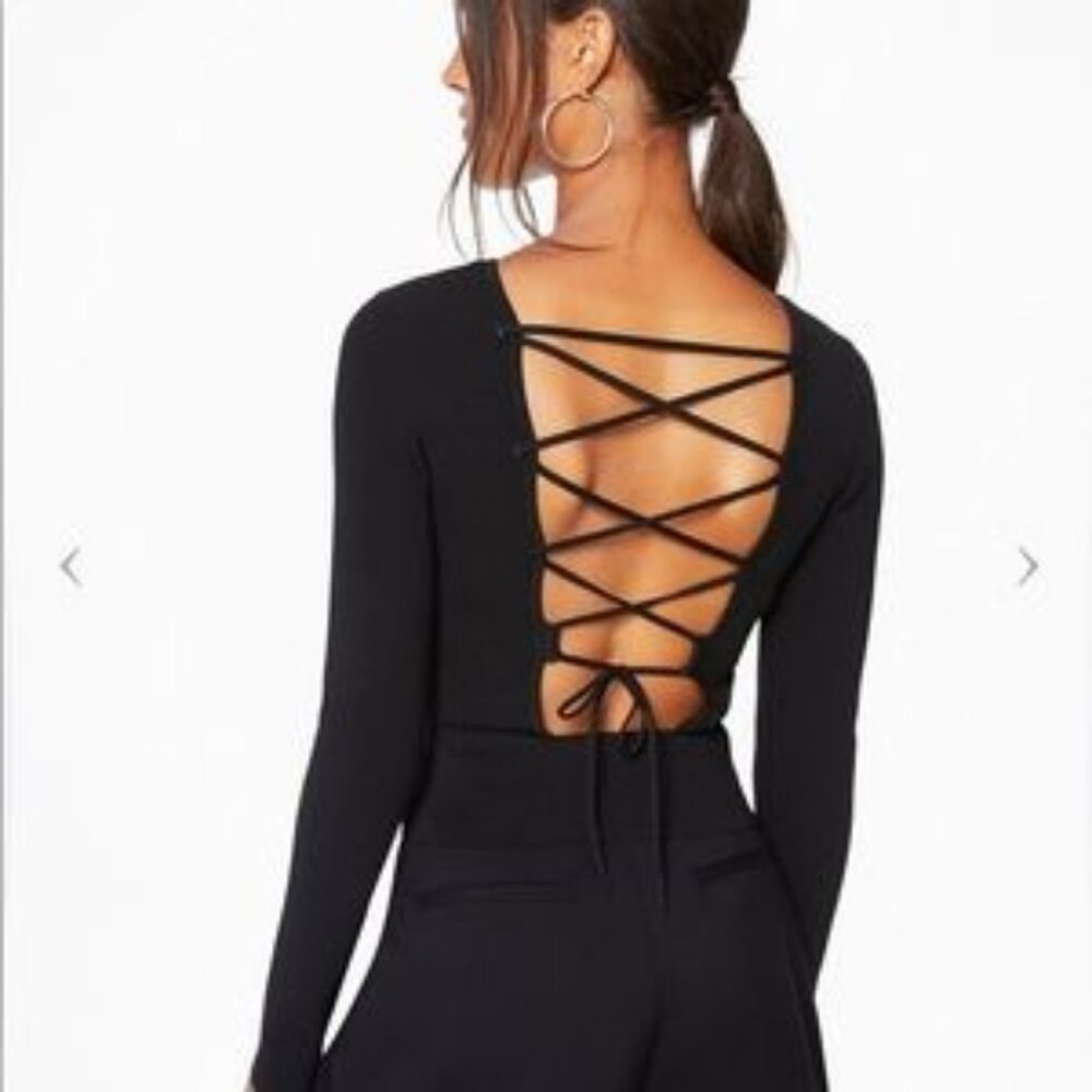 NWT Womens Ramy Brook Black Lucas Open Back Lace-Up Knit Sweater S